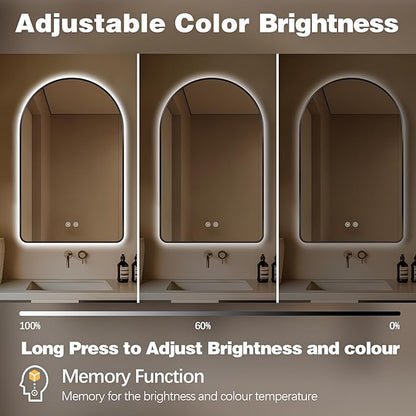 Niccy Arched LED Lighted Bathroom Mirror, 36x24 Inch Backlit Vanity Mirror with Lights Brushed Black Framed Wall Mounted Mirrors with Dimmable 3 Color Shatterproof Arch Smart Fog Free Mirror