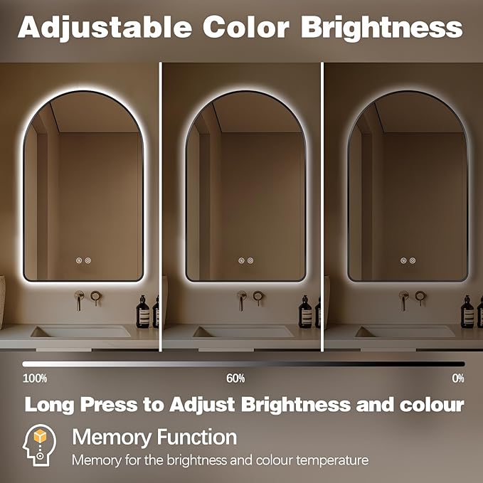 Niccy Arched LED Lighted Bathroom Mirror, 32x20 Inch Backlit Vanity Bathroom Mirror with Lights Brushed Black Framed Wall Mounted Mirrors with 3 Color Shatterproof Arch Smart Fog Free Mirror