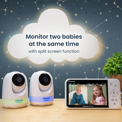 Babysense Prisma Baby Monitor with Camera and Audio, 5” HD Video Baby Monitor, 6-Color Night Light, Split Screen, Baby Sound Machine with White Noise & Lullabies, Secure No WiFi
