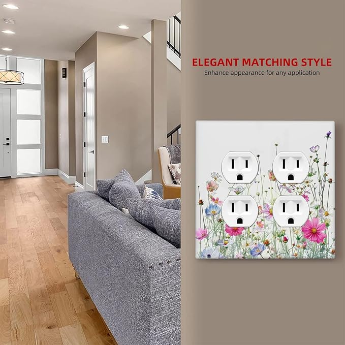 Outlet Covers Boho Colorful Flowering Plant Wild Flower 2 Gang Double Duplex Decorative Light Switch Covers Electrical Wallplates Socket Faceplate For Bed Room Living Room Decor