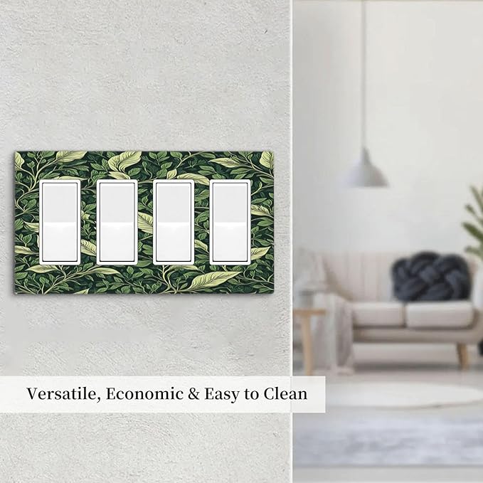 Vintage Green Plant Leaves 4 Gang Wall Plates Outlet Covers Quad Rocker Light Switch Cover Plate Decorative Switch Plates GFCI Electrical Faceplate for Bathroom Bedroom Decor 4.5 X 8 IN