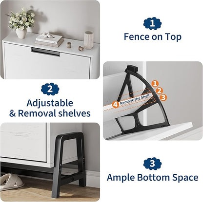 CABIHOME Shoe Storage Cabinet with 2 Flip Drawers, Freestanding Shoe Organizer with Metal Legs, Adjustable Shelf Narrow Shoe Rack Cabinet for Entryway, Hallway, Living Room, White