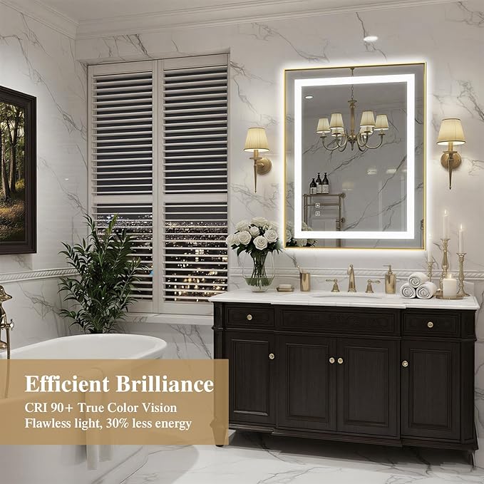 28X36 Inch LED Bathroom Mirror with Lights, Gold Frame Frontlit+ Backlit Bathroom Vanity Mirror for Wall, Ultra-Clear Tempered Glass, Shatter-Proof, Anti-Fog and Memory Function, ETL Listed