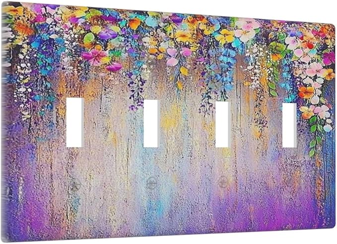 Colorful Country Flower Wildflower Floral Light Switch Covers Quad Toggle Electrical Faceplate 4 Gang Wall Plate Decorative Switch Plates For Bed Room Living Room Decor