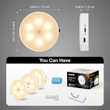 Puck Lights with Remote Control,1000mAh Rechargeable Under Cabinet Lighting,3Pack LED Closet Tap Light,Cordless Stick On Lights for Under Cabinet,Hallway,Stairway,Closet (Warm White)