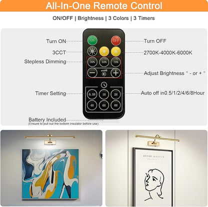 Picture Light Battery Operated with Remote, 3CCT Dimmable Picture Light for Paintings, Brass Rechargeable 24 inch Battery Operated Wall Sconce for Art Lighting Gallery Portrait Artwork