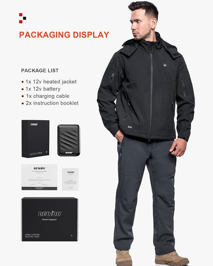 DEWBU Soft Shell Heated Jacket for Men with 12V Battery Pack and Detachable Hood Outdoor Electric Heating Coat