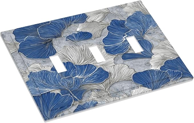 Abstract Blue Marble Plant Leaves 3 Gang Triple Toggle Decorative Light Switch Covers Electrical Faceplate Switch Plates for Bathroom Kitchen Home