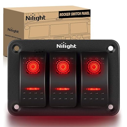 Nilight - 90019C 3 Gang Aluminum Rocker Switch Panel Toggle Dash 5 Pin ON/Off Pre-Wired Rocker Switch Red Backlit Switch for Automotive Car Marine Boat RV,2 Years Warranty