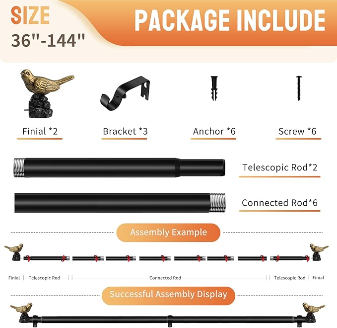 Decorative Black Curtain Rod 36 to 144 Inches Adjustable Drapery Rod with Bird Finials Heavy Duty Curtain Rods for Windows Living Room Kitchen