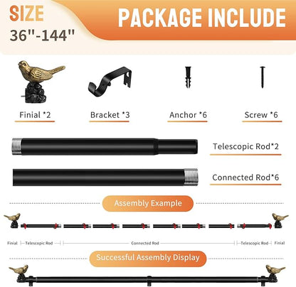 Decorative Black Curtain Rod 36 to 144 Inches Adjustable Drapery Rod with Bird Finials Heavy Duty Curtain Rods for Windows Living Room Kitchen