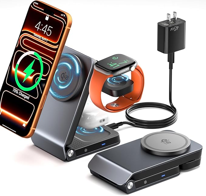 3-in-1 Travel Charging Station for Apple Devices MagSafe Charger, Qi2.2 25W Magnetic Wireless Charger, Aluminum Alloy Foldable Charging Stand for iPhone 17 Pro Max, Apple Watch, AirPods