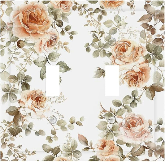 Decorative Switch Plates Vintage Warm Color Orange Flowers And Leaves 2 Gang Double Toggle Outlet Light Switch Cover Wall Plate Electrical Faceplate for Bedroom living Room Decor