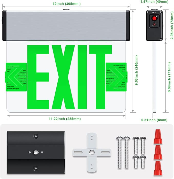 Green LED Edge Lit Exit Sign Brushed Aluminum Housing, UL Listed Emergency Exit Signs Single Sided Clear Acrylic with Battery Backup, AC 120-347V Hardwired Exit Lights, Top/Side/Wall Mount (2 Pack)