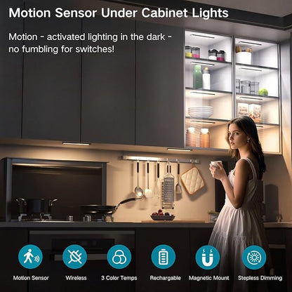Motion Sensor Under Cabinet Lighting-Magnetic Rechargeable Closet Lights for Kitchen,Stairs,Wardrobe | 3-Color Dimmable LED Under Counter Lighting | Pro Battery Upgrade (2, 16 inch)