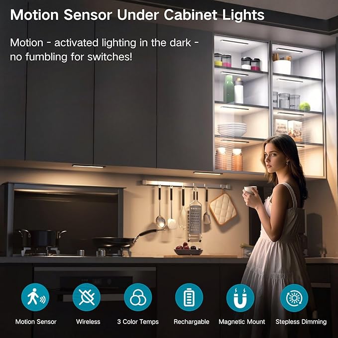 Motion Sensor Under Cabinet Lighting-Magnetic Rechargeable Closet Lights for Kitchen,Stairs,Wardrobe | 3-Color Dimmable LED Under Counter Lighting | Pro Battery Upgrade (12inch-4Pack)