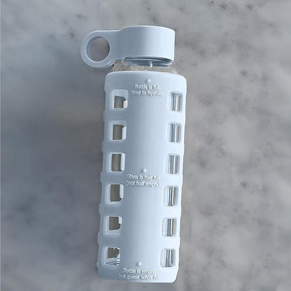 purifyou 40oz / 32oz / 22oz / 12oz Borosilicate Glass Water Bottle with Time & Volume Markers, Silicone Sleeve, Stainless Steel Lid | Reusable Glass Bottle for Water & Juice (12oz Ice Blue)