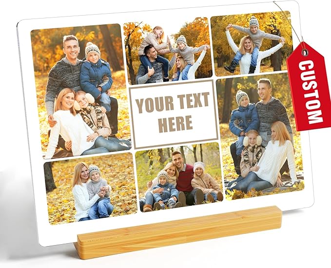 Custom Photo Prints - Metal Desktop Picture Frame with Photos Collage & Text & Wooden Base Personalized Gifts for Family Lovers Pets and Friends, Optional Multiple Sizes