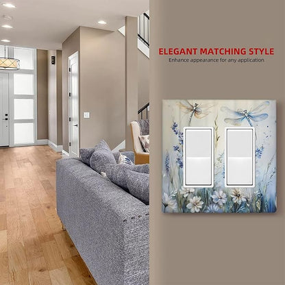 Decorative Outlet Covers Watercolor Dragonfly Blue Wihte Flower 2 Gang Light Switch Cover Plate Double Rocker Wall Plates for Electrical Outlets Switch Plate Covers for Bedroom Home Decor