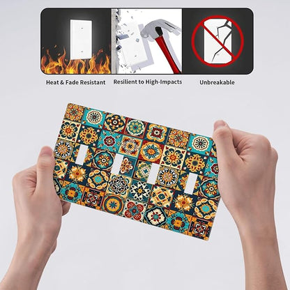 Mexican Talavera Ceramic Tile Moroccan Boho Light Switch Covers Quad Toggle Electrical Faceplate 4 Gang Wall Plate Decorative Switch Plates for Bathroom Kitchen Decor