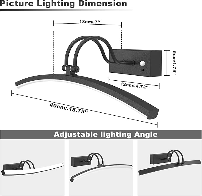 PAIHOME Lights for Pictures on Wall, Rechargeable Picture Light with Smart Motion Sensor, Remote Dimmable & Timer, ‌16in Wireless Black Art Lighting for Paintings Canvas, Gallery, Portraits