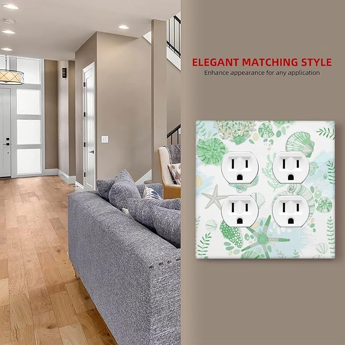Beach Nautical Starfish Scallop Coral Conch Outlet Covers 2 Gang Double Duplex Decorative Light Switch Covers Electrical Wallplates Socket Faceplate for Bathroom Home Decor