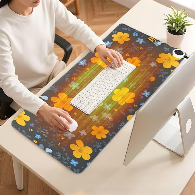 Heated Desk Pad Mouse Pad 31.5x13 Inch PU Leather Desk Mat with 3 Heat Levels Large Mouse Gaming Computer Laptop Mat Blue Floral Fragments and Bees