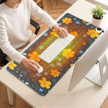 Heated Desk Pad Mouse Pad 31.5x13 Inch PU Leather Desk Mat with 3 Heat Levels Large Mouse Gaming Computer Laptop Mat Blue Floral Fragments and Bees