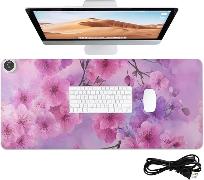 Heated Desk Pad Mouse Pad 31.5x13 Inch PU Leather Desk Mat with 3 Heat Levels Large Mouse Gaming Computer Laptop Mat Romantic Cherry Blossom