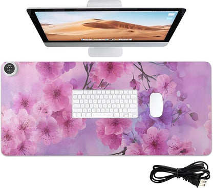 Heated Desk Pad Mouse Pad 31.5x13 Inch PU Leather Desk Mat with 3 Heat Levels Large Mouse Gaming Computer Laptop Mat Romantic Cherry Blossom