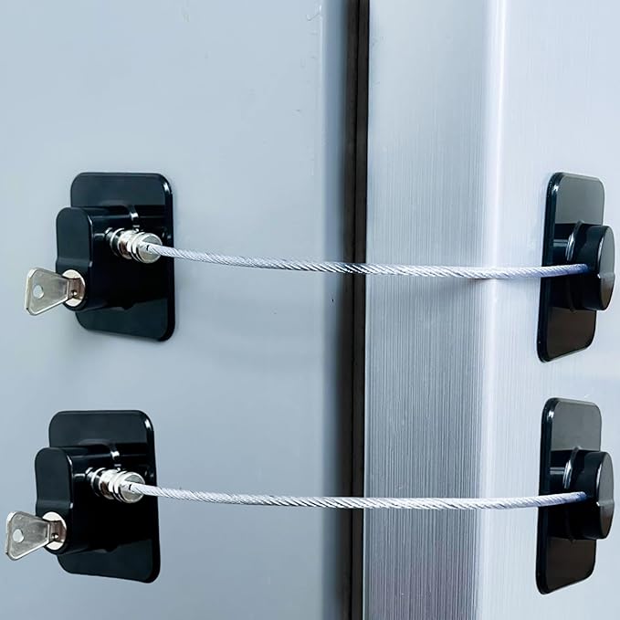 Refrigerator Lock (2 Pack), Fridge Locks with 2 Keys, Child Safety Lock, Baby Proof Cabinet and Drawer Locks, Freezer Latch for Double Door, French Door (Upgraded Black)