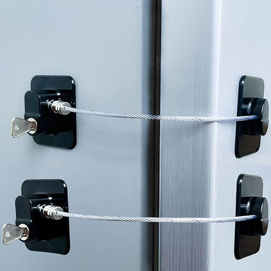 Refrigerator Lock (2 Pack), Fridge Locks with 2 Keys, Child Safety Lock, Baby Proof Cabinet and Drawer Locks, Freezer Latch for Double Door, French Door (Upgraded Black)