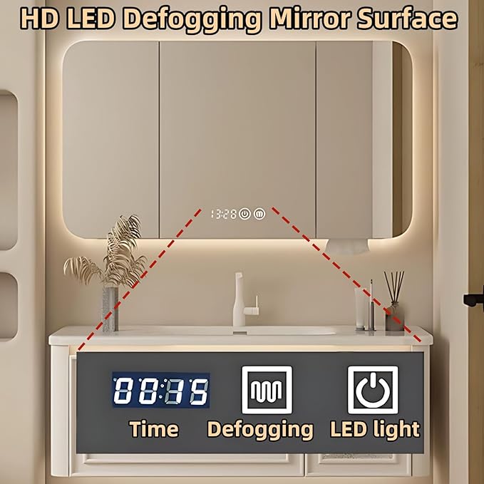 64IN Wall Mounted Bathroom Vanity Set - Wood Bathroom Vanities has Tissue Hole Design | Includes Smart Defogging Mirror Cabinet & Time Display, Rounded Corners, Glass Cabinet Doors (Style C)