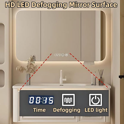48IN Wall Mounted Bathroom Vanity Set - Wood Bathroom Vanities has Tissue Hole Design | Includes Smart Defogging Mirror Cabinet & Time Display, Rounded Corners, Glass Cabinet Doors (Style C)