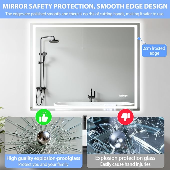 24" Round LED Bathroom Mirror with Anti-Fog & Touch Switch - 60x60cm Wall-Mounted Makeup Vanity Mirror, No Drilling Required, Smart Display (Square)