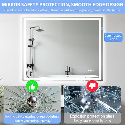 24" Round LED Bathroom Mirror with Anti-Fog & Touch Switch - 60x60cm Wall-Mounted Makeup Vanity Mirror, No Drilling Required, Smart Display (Square)