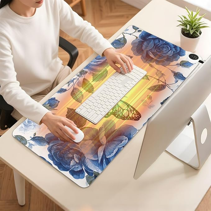 Heated Desk Pad Mouse Pad 31.5x13 Inch PU Leather Desk Mat with 3 Heat Levels Large Mouse Gaming Computer Laptop Mat Blue White Rose Flowers Butterfly
