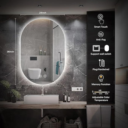 Niccy Oval LED Bathroom Vanity Mirror, 36x24inch Frameless Backlit Mirror with Light, Smart Anti-Fog Waterproof Mirror with Memory Function Dimmable Lighted Mirror
