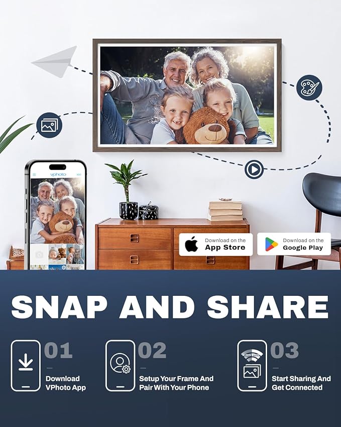 32 Inch FHD Extra Large Digital Picture Frame Touchscreen, 64GB FHD IPS WiFi Digital Photo Frame Remote, Share Photo/Video via Apps, Email, Auto-Rotate, Dark Wood Pattern