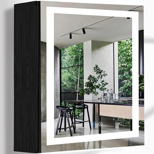 20 x 28 Inch Black Wood Led Medicine Cabinet Mirror with Lights Storage Wooden Cabinets Smart Memory 3 Color Dimmable AntiFog 28" Bathroom Lighted Medicine Cabinet with Mirror and LED Light