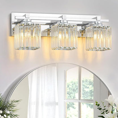 Crystal Bathroom Light Fixtures, 3 Light Chrome Vanity Lighting Over Mirror with Crystal Shades, Modern Bathroom Vanity Light for Restroom, Bath, Cabinet and Powder Room