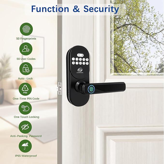 Keyless Entry Door Lock with Handle, Smart Fingerprint Deadbolt, APP Control & Keypad Password Unlock for Front Door, Home, Apartment