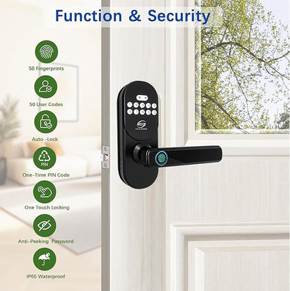 Keyless Entry Door Lock with Handle, Smart Fingerprint Deadbolt, APP Control & Keypad Password Unlock for Front Door, Home, Apartment