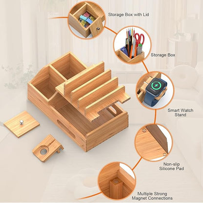 Bamboo Charging Station for Multiple Devices with 5 Port USB Charger, 5 Charger Cables and Smart Watch Stand. Wood Desktop Dock Stations Electronic Organizer for Cell Phone, Tablet, Watch, Office