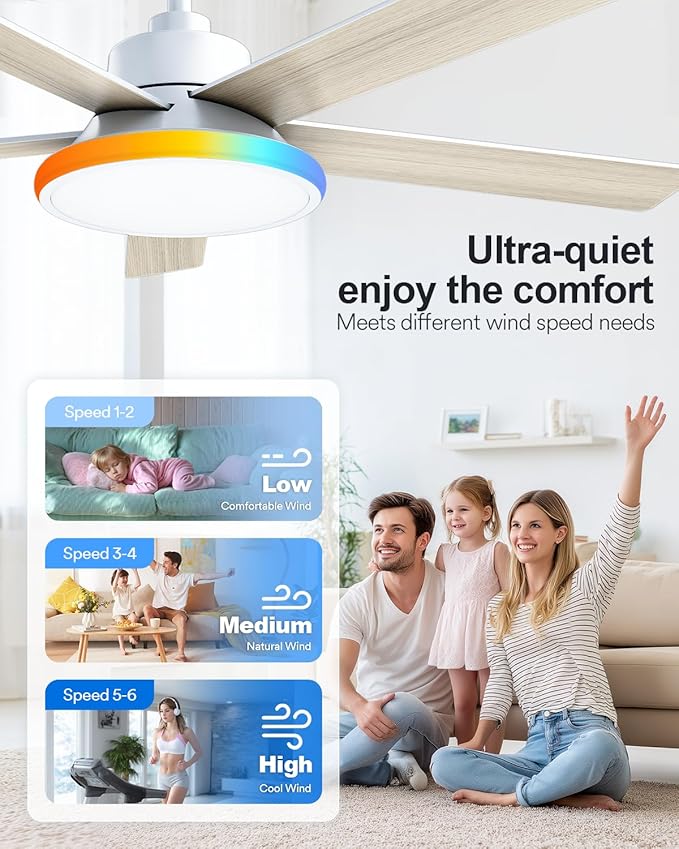 Lumary 52'' Smart Ceiling Fan with RGBAI Lights Remote, RGB & Stepless Color Temperature, Work with Alexa/Google/App, 46 Scenes, Modern Flush Mount Low Profile Ceiling Fan for Bedroom Kids Room, White