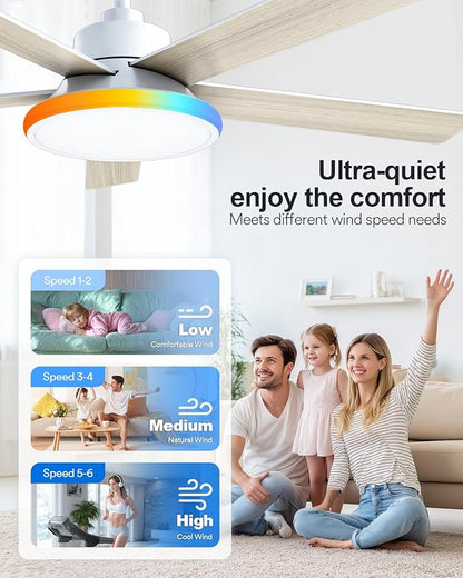 Lumary 52'' Smart Ceiling Fan with RGBAI Lights Remote, RGB & Stepless Color Temperature, Work with Alexa/Google/App, 46 Scenes, Modern Flush Mount Low Profile Ceiling Fan for Bedroom Kids Room, White
