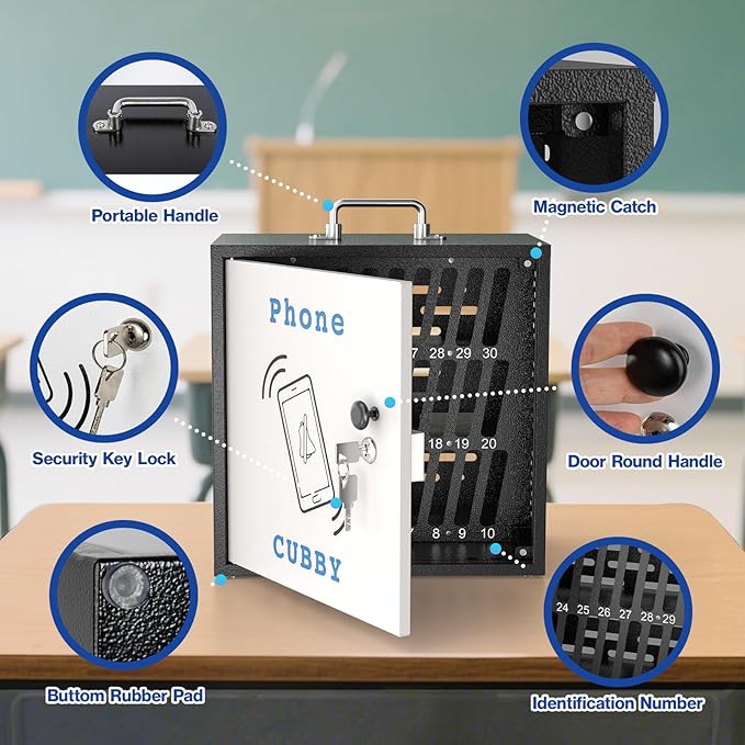 POCHAR Metal Cell Phone Storage Cabinet with Lock 30 Slots Desktop Holder for Classroom and Office,Wall-Mounted Phone Box, Portable Cell Phone Cubby