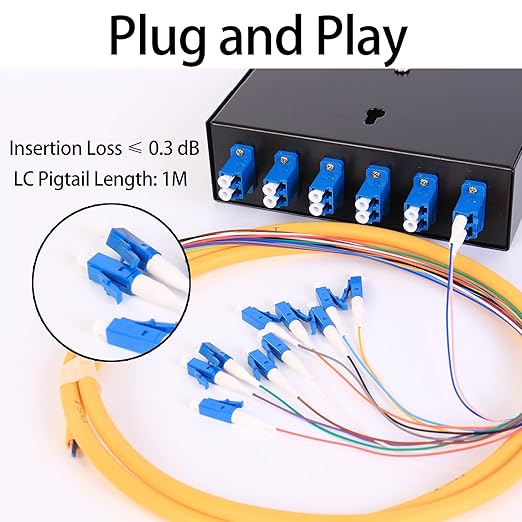 VFLTOOL LC-SM 6 Duplex Box Cables 12 Port Wall Mount Fiber Enclosure With Spool Singlemode OS1 Kit - Includes 1 Meter 12 Strand UPC Pigtail and 6 Port Duplex LGX Loaded Panel