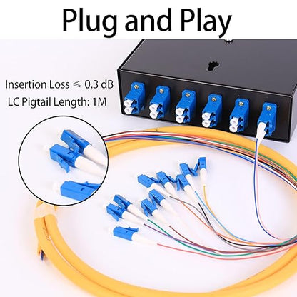 VFLTOOL LC-SM 6 Duplex Box Cables 12 Port Wall Mount Fiber Enclosure With Spool Singlemode OS1 Kit - Includes 1 Meter 12 Strand UPC Pigtail and 6 Port Duplex LGX Loaded Panel