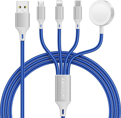 Travel Essentials,4 in 1 for Apple Watch Charger/iPhone Charger/Multi Charging Cable,Vacation RV Camping Essentials,USB C/L/Micro Portable Charger for iWatch 11-1/iPhone 17-12,Car&Gift-Blue